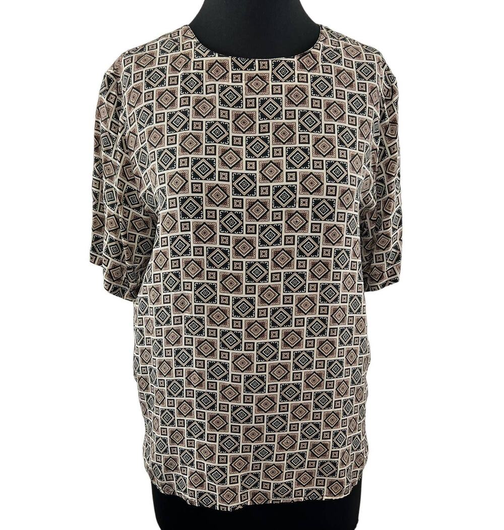 VTG Quo-Silk Brown Brown Diamond Geometric Short Sleeve Blouse Top Vintage M